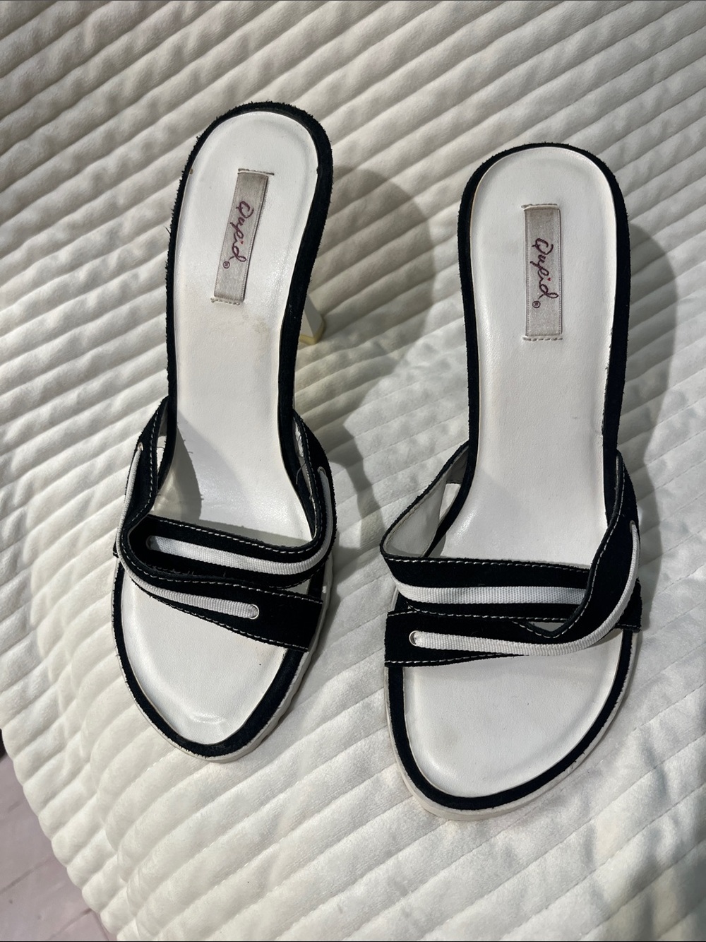 Qupid Black and White Strappy Slide Heels